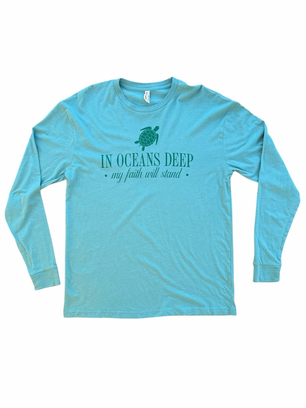 Seamfoam Green "IN OCEANS DEEP my faith will stand" Long-Sleeve Graphic Tee, L